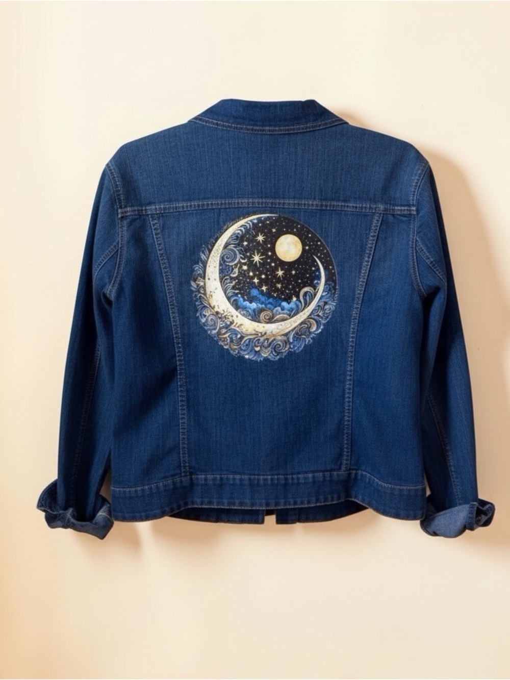 Upcycled Faded Glory Celestial Moon Graphic Denim Jacket Women’s XL